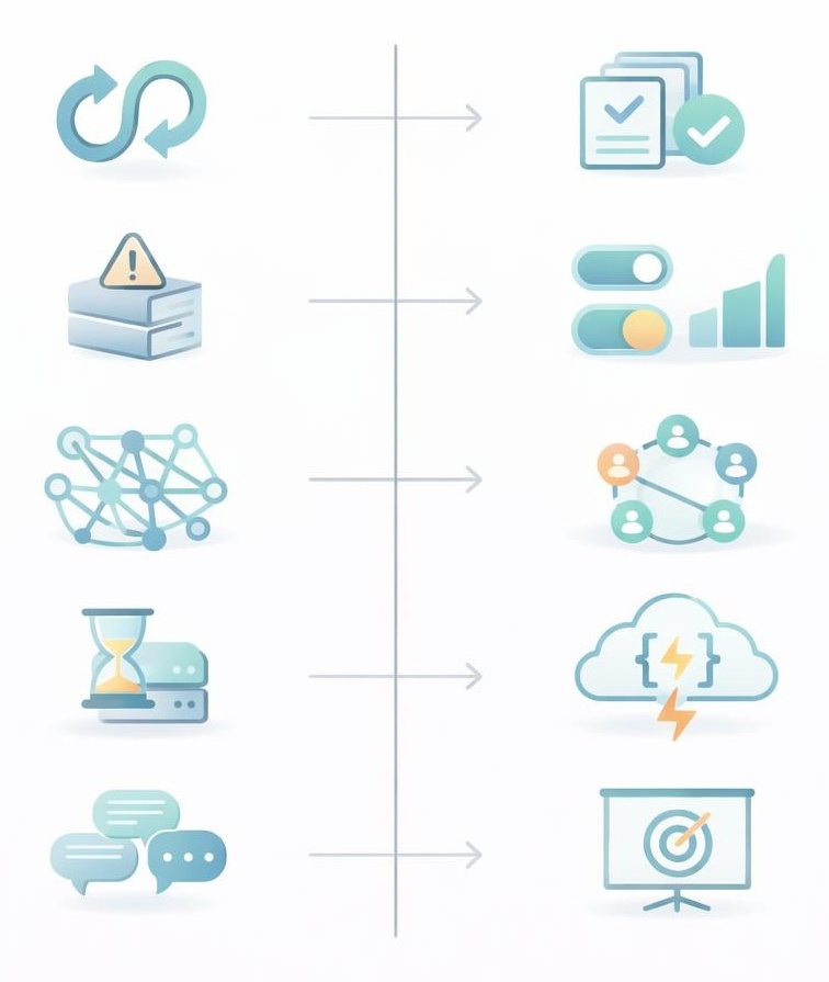 Two-column icon chart mapping cloud challenges to Agile countermeasures with arrows.
