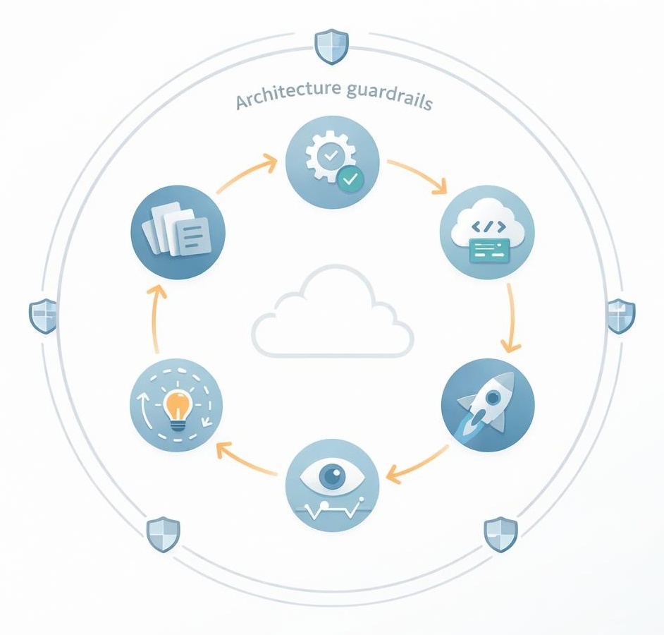 Circular loop diagram of cloud delivery steps with icons and a protective outer ring.